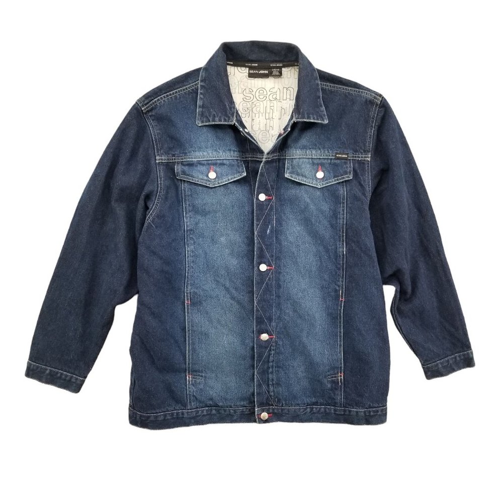 Vtg Sean John Jean Jacket Boys Blue Denim Button Up Embroidered 90s Size L 16/18